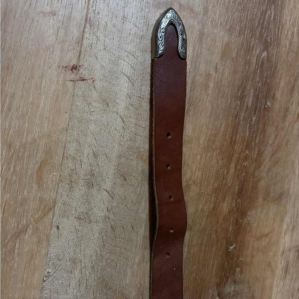 Urban Outfitters Brown Leather Belt with Engraved Silver Buckle